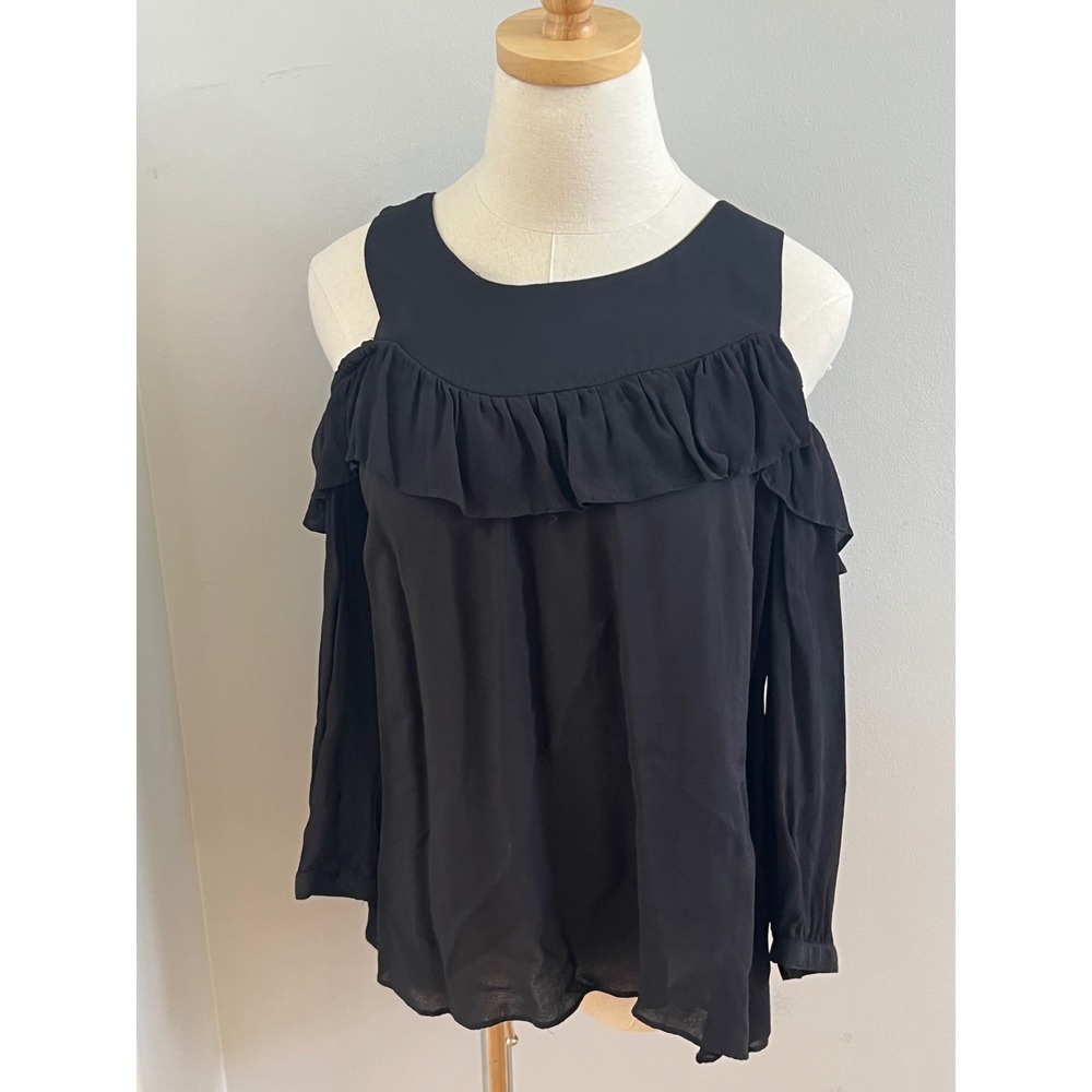 Maeve Anthropologie Black Cold Shoulder Ruffle‎ Blouse Keyhole Back Size 6
